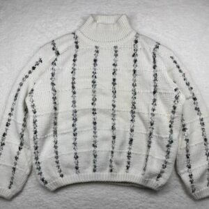 Ivory Sweater Womens L Mock Neck Textured Grid Knit Pullover Ramie